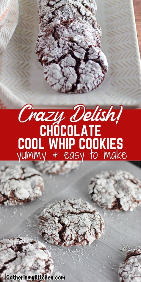 Need a quick dessert? These Chocolate Cool Whip Cookies are a breeze to make! In just 10 minutes, you’ll have a batch of delicious, chocolatey cookies that are perfect for any occasion! Cake Batter Cool Whip Cookies, Chocolate Cookies With Cool Whip, Cookie Recipes With Cool Whip, Chocolate Crinkle Cookies Box Cake And Cool Whip, Gluten Free Cool Whip Cookies, 2 Ingredient Cool Whip Cookies, Chocolate Fluff Cookies, Cake Box Cool Whip Cookies, Kool Whip Cookies