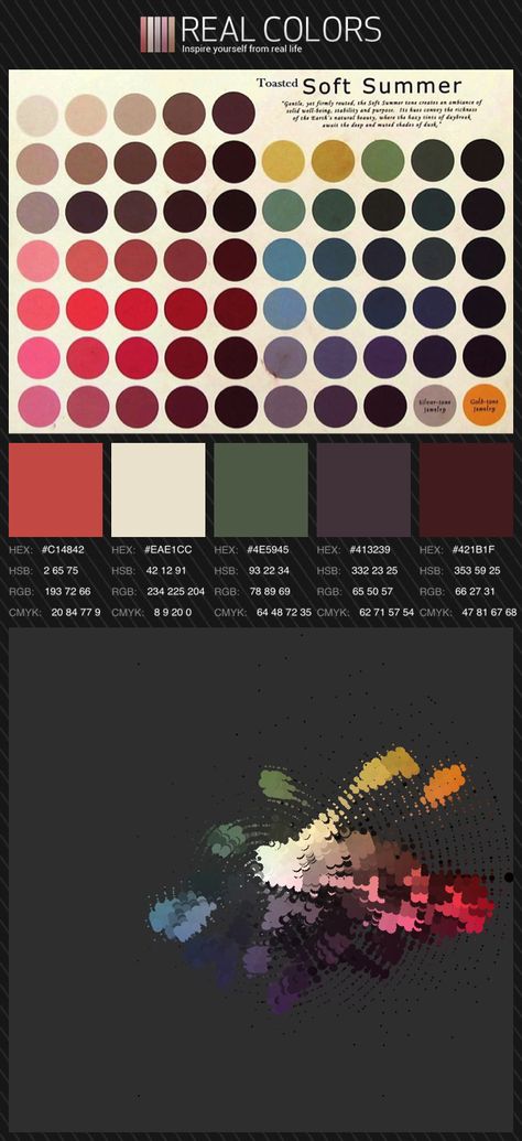 A Toasted Soft Summer palette in detail Toasted Summer Palette, Toasted Soft Summer Color Palette, Soft Summer Orange, Dark Summer Palette, Smokey Soft Summer, Soft Summer Dark, Toasted Soft Winter, Soft Summer Red, Toasted Soft Summer