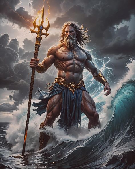 Poseidon is the Greek god of the sea, storms, earthquakes, and horses. Known as the “Earth-Shaker,” he wields a powerful trident that can stir the seas and cause earthquakes. Poseidon is one of the twelve Olympian gods, and he is the brother of Zeus and Hades. Often depicted as a bearded figure riding a chariot drawn by horses, he is both revered and feared for his temperamental and unpredictable nature. #GreekMythology #Poseidon #GodOfTheSea #Mythology #aiart #aiartwork #aiartcommunity #aia... Posiden Fan Art, Zeus And Hades, Poseidon God, Olympian Gods, Greek And Roman Mythology, Leg Sleeve, Roman Mythology, Greek God, Leg Sleeves