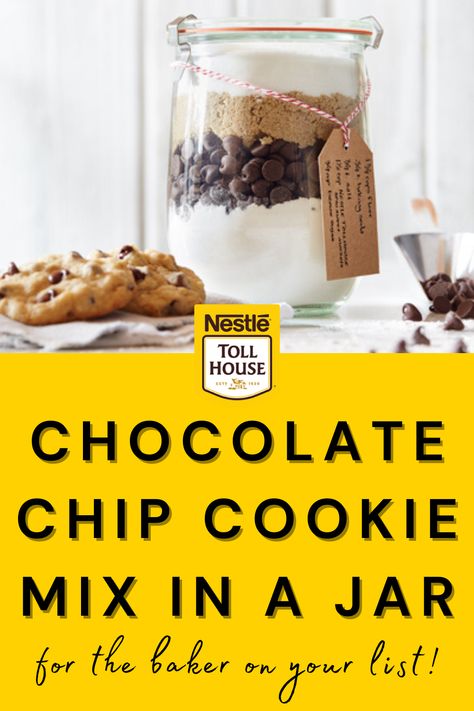 Our Nestle Toll House Chocolate Chip Cookie Mix in a Jar is the perfect DIY Christmas gift for the baker on your list! Spread smiles and cheer this holiday season with this creative gift idea. Get the instructions on our website. Chocolate Chip Cookie Jar Recipe, Choc Chip Cookies In A Jar, Chocolate Chip Cookie In A Jar Recipe Gift, Diy Cookie Mix Gift, Diy Cookie Mix In A Jar Christmas, Chocolate Chip Cookie Jar Gift, Chocolate Chip Cookies In A Jar Gift, Chocolate Chip Cookie Mason Jar Recipe, Cookie Dough In A Jar