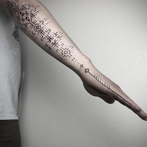 A maze-like forearm tattoo via Kris Davidson (IG-kris_davidson_). #blackwork #dotwork #geometric #KrisDavidson #linework #minimalist #mystical Maze Tattoo, Geometrical Tattoo, Geometric Tattoo Sleeve Designs, Tech Tattoo, Scandinavian Tattoo, Cyberpunk Tattoo, Rune Tattoo, Geometry Tattoo, Back Tattoos For Guys