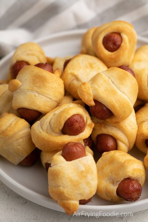 Air Fryer Pigs in a Blanket - Air Frying Foodie Little Smokies Crescent Rolls, Air Fryer Sausage, Air Fry Recipes, Snack Craving, Crescent Roll Dough, Cooking For A Crowd, Pigs In A Blanket, Quick Easy Snacks, Sausage Rolls