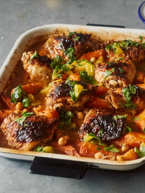 Ottolenghi Chicken Recipes, Berbere Chicken Recipe, Ottolenghi Dinner Party, Chicken And Carrot Recipes, Ottolenghi Chicken, Carrots And Chickpeas, Chicken Traybake, Yotam Ottolenghi Recipes, Chicken Carrots