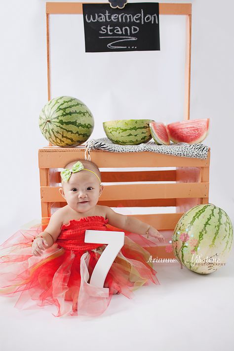 Rhiandra at 7 months. Watermelon stand. #baby #babyphotography #inspirations #ideas #photoshootideas #themes #canon #minisession Watermelon Stand, Watermelon Centerpiece, Watermelon Theme, Yalda Night, Mini Photo Shoot, Watermelon Birthday Parties, Watermelon Baby, Toddler Photoshoot, Watermelon Birthday