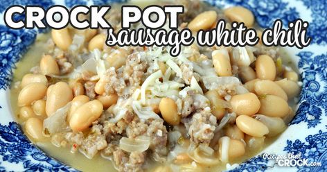 We absolutely love the flavor of this delicious Sausage Crock Pot White Chili recipe! I bet you will love it too and how easy it is to make! via @recipescrock White Chili Crock Pot, Crock Pot White Chili, Chili With Sausage, White Chili Crockpot, Chili Crock Pot, White Chili Recipe, Sausage Chili, White Sausage, Souper Bowl