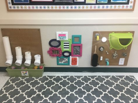 Infant Room Sensory Wall, Infant Daycare Set Up Ideas, Sensory Wall For Infants, Infant Daycare Classroom Ideas, Childcare Nursery Room Ideas Infant Classroom, Infant Center Ideas, Sensory Wall Ideas Classroom Busy Board, Daycare Wall Decoration Ideas, Sensory Wall For Babies