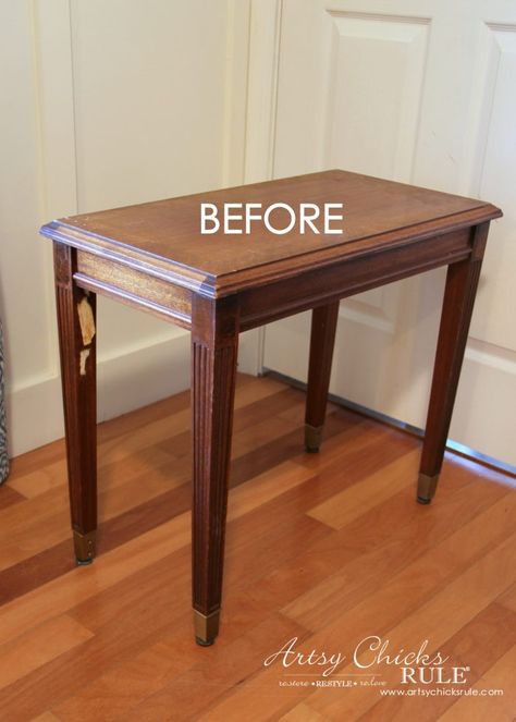 Easy Makeover with Spray Paint, Mod Podge & Wrapping Paper Wood Side Table Makeover, Round Side Table Makeover, Side Table Redo, Mod Podge Furniture, Aubusson Blue, Spray Paint Wood, Painted End Tables, End Table Makeover, Side Table Makeover