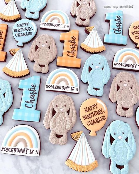 Jellycat Birthday Party, Jellycat Plushies, Jellycat Bunnies, Bunny Birthday Theme, Safari Cookies, First Birthday Cookies, Jellycat Bunny, Theme Cookies, I Did My Best