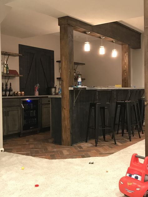 Basement bar Basement Bar Color Ideas, Bar With Post, Basement Bar Table Ideas, Basement Bar Between Columns, Double Sided Bar, Bar Island Ideas, Rustic Modern Bar, Basement Bars, Basement Bar Plans