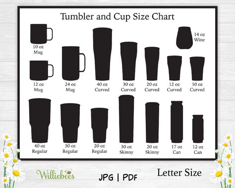 "Tumbler and cup SIZE CHART for mugs, acrylic blanks, and glasses. THIS IS A CHART ONLY! You ARE NOT purchasing templates. Tumbler Cup Size Clipart Chart, Tumbler List, Cup Sizes, Wine Tumbler, Skinny Slim, Digital Download, Personal Use, Drinking Cup, Coffee Tumbler, Tall Skinny, Printable Chart, Print At Home ★THIS IS NOT A PHYSICAL ITEM★ Your download includes: * 1 JPG, 1 PDF * Letter Size Please make sure that you know how to work with these file types prior to making your purchase as there Tumbler Cup Sizing Chart, Cup Decal Size Chart, Tumbler Vinyl Size Chart, Decal Sizing For Tumblers, Tumbler Size Chart, Mug Size Chart, Cup Size Chart, Coffee Cup Sizes, Cricut Iron On Vinyl