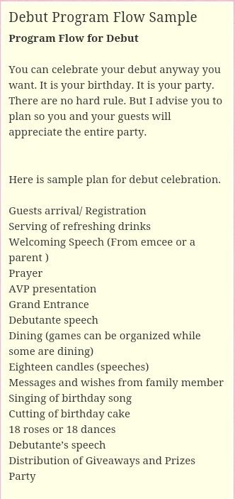 Debut Checklist Filipino, A Decade And Eight Debut Invitation, Unique Debut Theme Ideas, Filipino Debut Program, Debut Program Flow Filipino, Debut Program Flow Ideas, Debut Checklist, Filipino 18th Debut, Debut Theme Ideas 18th Simple