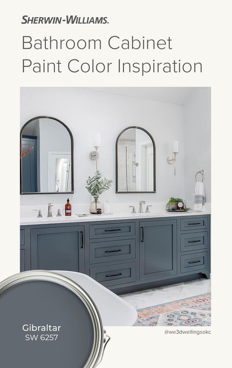 Whether you hire a pro or do it yourself, painting cabinets in a neutral gray color from Sherwin-Williams is one of the best ways to add character to a bathroom. Tap this pin to order a FREE color chip to see how Gibraltar SW 6257 looks in your home. (Photo courtesy: @we3dwellingsokc on Instagram.)
 
#SherwinWilliams #DIY #InteriorDesign #Color #Inspiration #Paint #HomeImprovement Best Sw Blue Gray Paint Color, Color For Bathroom Cabinets, Sherwin Williams Gibraltar Cabinets, Sherwin Williams Gibraltar, Gibraltar Sherwin Williams, Sherwin Williams Grays Harbor Cabinets, Blue Grey Paint Color Sherwin Williams Bathroom, Sherwin Williams Indigo Batik Cabinets, Bathroom Cabinet Color Ideas