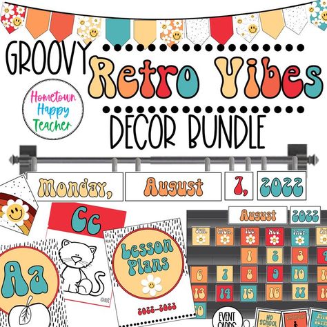 Peace Love Learning Theme, Retro Classroom Theme Decor, Groovy Classroom Theme Preschool, Retro Rock Classroom Theme, Colorful Kindergarten Classroom Themes, Boho Retro Classroom Theme, Retro Smiley Face Classroom, 70s Classroom Theme, Good Vibes Classroom Theme