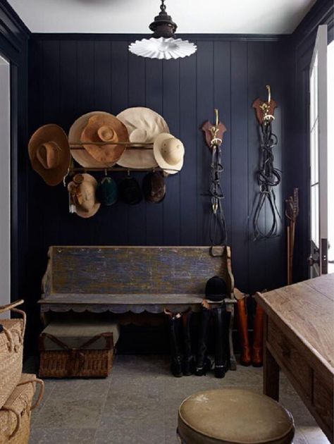 Navy walls Dark Painted Walls, Horse Lifestyle, Small Mudroom Ideas, Tack Rooms, Mudroom Organization, Mudroom Entryway, Mud Rooms, Equestrian Chic, Farmhouse Entryway