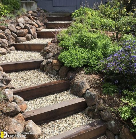 31+ Fantastic Ideas To Make Your Own Steps In Your Garden | Engineering Discoveries Slope Walkway Ideas, Yard With Hill Landscaping, Railroad Tie Steps On Slope, Landscaping Steps On A Slope, Landscape Stairs Sloped Yard, Paver Steps On Slope, Backyard Hill Landscaping, Sloped Backyard Landscaping, Landscape Stairs