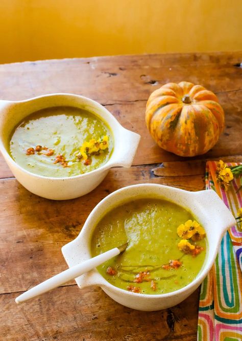 Carnival Squash Soup with Turmeric - Sharon Palmer, The Plant Powered Dietitian Soup With Turmeric, Carnival Squash, Fresh Turmeric, Plant Based Milk, Turmeric Root, Squash Soup, Plant Powered, Eat Clean, Delicious Soup