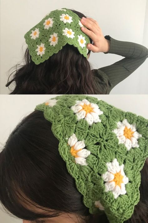 Bandana Crochet Pattern Free, Crochet Granny Square Bandana, Cottage Core Bandana, Crochet Daisy Bandana, Hair Bandana Crochet, Hair Kerchief, Bandana Crochet, Hair Bandana, Daisy Headband