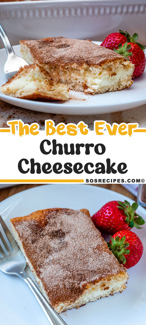 Everybody loves churros, but to be honest they are a hassle to make. Professional churro makers have extruding machines to aid them in giving churros their characteristic shape, so it is hard to make traditional ones at home. We do have some hacks that may not be just like the original, but can relieve our cravings. Churro cheesecake is an amazing idea that uses one of these ingenious hacks. Cheesecake Churro, Churro Cheesecake Bars, Churro Cheesecake, Dessert Cakes, Cheesecake Bar Recipes, Fresh Meals, Healthy Cake Recipes, Family Fresh Meals, Meals Easy