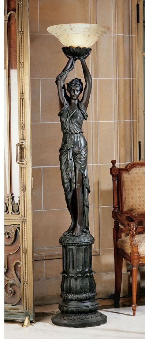 Empire-Style Woman Torchiere Lamp Sculpture Lady Lamp, Torchiere Lamp, Total Beauty, Torchiere Floor Lamp, Crushed Stone, Floor Lamp Design, Design Toscano, Empire Style, Golden Lights