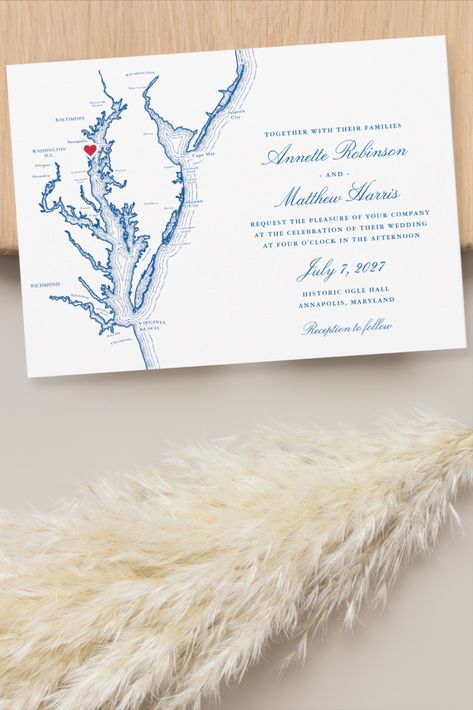 Image of a Chesapeake Bay Map wedding invitation on a wood cutting board with pampas grass Coastal Maryland Wedding, Coastal Wedding Invitations, Chesapeake Bay Wedding, Muskoka Wedding, Map Wedding Invitation, Custom Wedding Map, Annapolis Wedding, Chesapeake Bay Candles, Blue Wedding Invitation