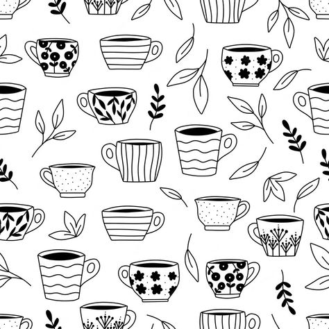 Premium Vector | Vector doodle seamless pattern with cups and tea leaves Tea Cup Doodle, Dishes Illustration, Teacup Doodle, Tea Doodle, Tea Cup Pattern, Mug Doodle, Cup Doodle, Drawing Cup, Doodle Mug