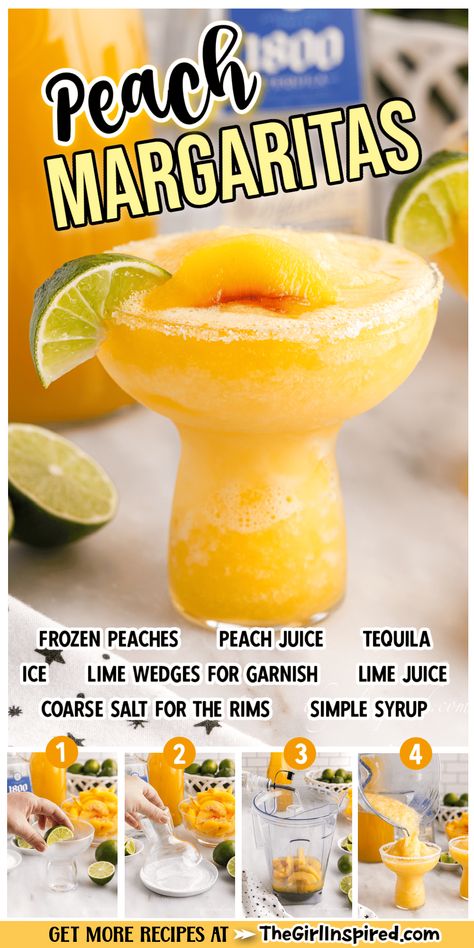 On a warm summer day sit back and relax with a homemade frosty frozen peach margarita. Refreshing, tasty, and it has just the right amount of sweetness. Frozen Peach Margarita, Homemade Frosty, Peach Margarita Recipes, Peach Margaritas, Freeze Rhubarb, Peach Margarita, Peach Drinks, Vegan Cheese Recipes, Peach Sangria