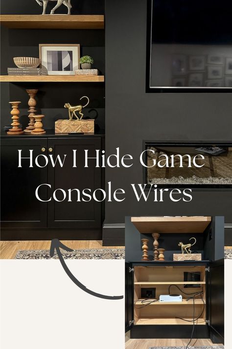 Hiding Electronics Living Rooms, Hide Game Console Behind Tv, Gaming Organization Ideas, How To Hide Ps5 Console, Hiding Gaming Consoles, Hidden Game Console Storage, Hide Ps5 Behind Tv, Hide Xbox Behind Tv, Hiding Xbox Console