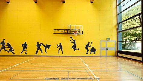 SPORTS WALL DECALS (Life-size Sports Athletes) Sports Wall Decals ... Sports Hallway Decorations, Football Themed Room, Hallway Mural, Wall Silhouette, Wall Stickers Sports, Basketball Decal, Basketball Decor, Boys Room Decals, Basketball Wall Decals