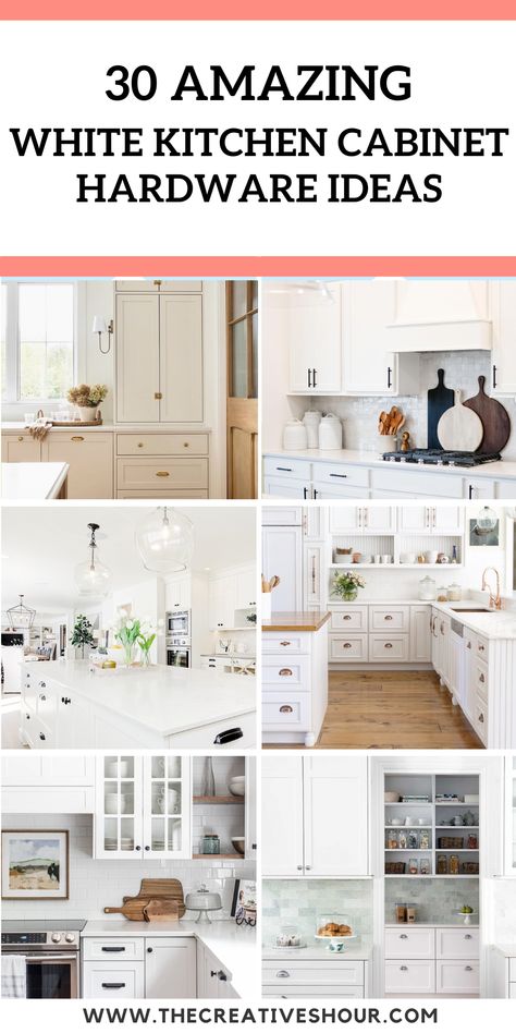 30 Gorgeous White Kitchen Cabinet Hardware Ideas Best Handles For White Kitchen Cabinets, White Kitchen Cabinets With Matte Black Hardware, Boho Kitchen Hardware, How To Choose Kitchen Hardware, What Color Hardware For White Cabinets, Kitchen With White Cabinets Ideas, White Kitchen Cabinets With White Appliances, Antique Brass Kitchen Hardware White Cabinets, White Cabinets Light Countertops