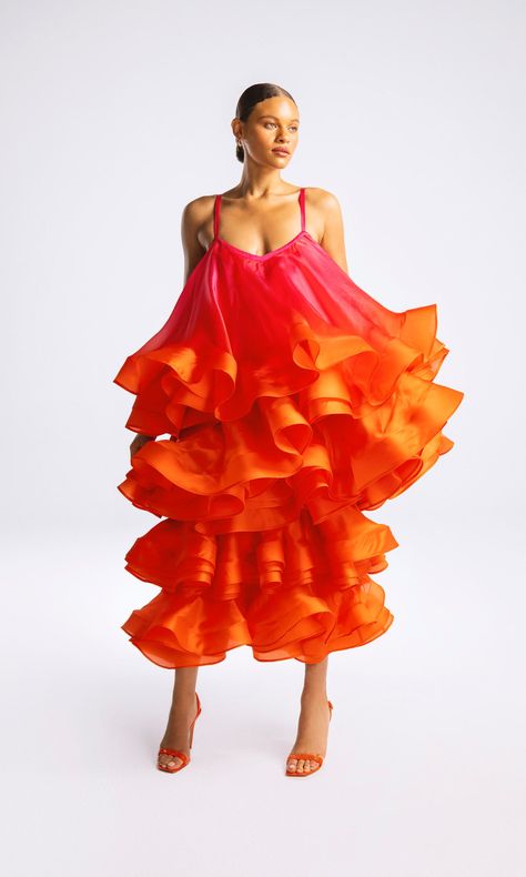 Hanifa Orange Dress, Orange Organza Dress, Pink Orange Dress, Ss22 Runway, Organza Midi Dress, Holographic Fashion, Spring Cocktail, Ruffle Gown, Gradient Print