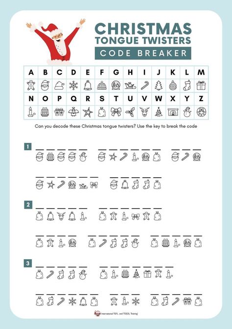 This is a fun EFL worksheet about Christmas tongue twisters for your students. Letter Writing For Kids, School Age Activities, Code Breaker, Christmas Lesson, English Christmas, Fun Christmas Activities, Christmas Teaching, Teaching English Online, Christmas Worksheets