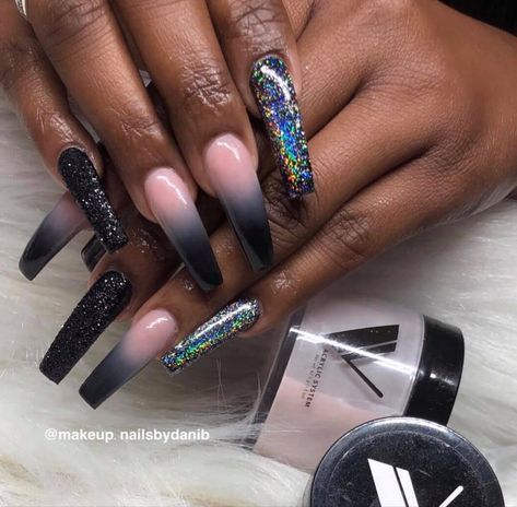 Black Holographic Nails, Ombré Glitter, Black Holographic, April Nails, Exotic Nails, Black Ombre, Glitter Ombre, Holographic Nails, Quick Hairstyles