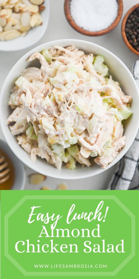 Almond Chicken Salad Recipe | Life's Ambrosia Chicken Melt Sandwich Recipes, Sarah Salad Recipe, Chicken Melt Sandwich, Chicken Salad Recipe With Almonds, Almond Chicken Salad, Almond Salad, Chicken Salad Sandwich Recipe, Creamy Honey, Chicken Melts