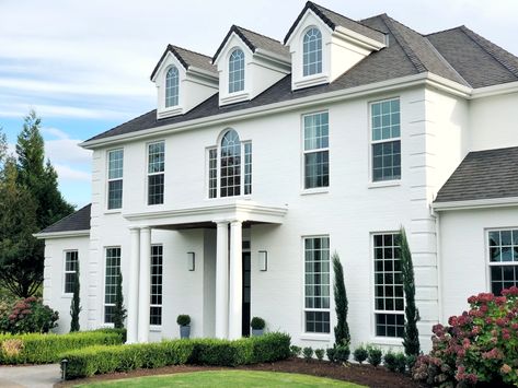 Painted white brick. Benjamin Moore, Chantilly Lace Best White Exterior Paint Colors, Chantilly Lace Benjamin Moore, Benjamin Moore Exterior Paint, White Exterior Paint Colors, Benjamin Moore Exterior, White Exterior Paint, Best Exterior Paint, Painted Brick House, Exterior Inspiration