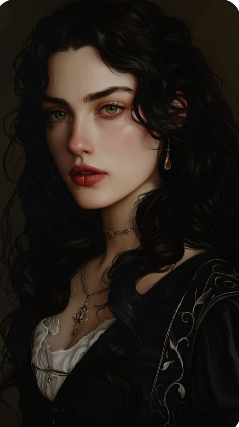 Vampire Look Aesthetic, Blind Female Character Art, 1920s Face Claim, Black Hair Green Eyes Woman, Victorian Female Character Art, Dark Skin Red Hair Character Art, Vampire Character Inspiration, Darkness Personified, Black Haired Woman Art