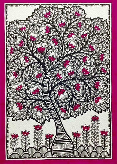 Kalpvriksha- The Tree Of Life 9 (Indian Madhubani Painting) by Pratibha Madan Preetkriti Madhubani Paintings Peacock, Gond Painting, Arte Folk, Kalamkari Painting, Art Premier, Art Ancien, Madhubani Art, Indian Folk Art, Madhubani Painting