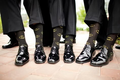 Batman Wedding Theme, Batman Wedding Ideas, Super Hero Wedding, Comic Book Wedding, Batman Wedding, Groom Socks, Superhero Wedding, Batman Theme, Hot Pink Weddings