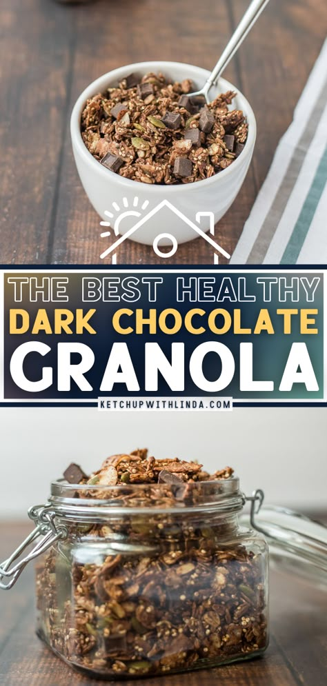 THE BEST HEALTHY DARK CHOCOLATE GRANOLA Dark Chocolate Granola, Chocolate Granola Recipe, Chips Homemade, Healthy Homemade Granola Recipe, Chocolate Granola Bars, Easy Granola Recipe, Homemade Granola Healthy, Healthy Dark Chocolate, Flaxseed Meal