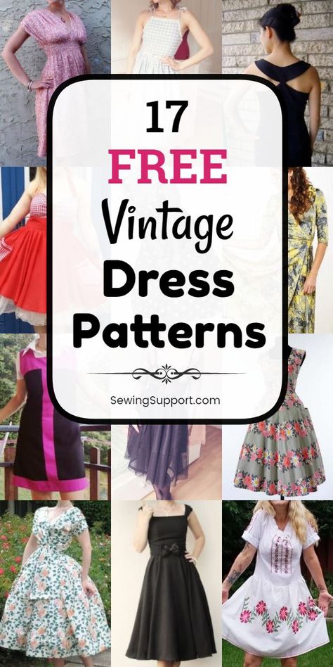 Sew a vintage or retro dress with the help of this collection of free sewing patterns, projects, and tutorials for vintage dresses (for women), inspired by the fashions of the 1940s, 50s, and 60s. Mode Rockabilly, Free Printable Sewing Patterns, Dress Sewing Patterns Free, Sewing Patterns Free Women, Patron Vintage, Vogue Vintage, Vestidos Retro, Free Pdf Sewing Patterns, Printable Sewing Patterns