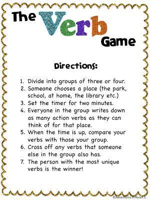 The Verb Game.    Use this fun game as a verb reinforcement or just a game when you have an extra 10 minutes in class.  Student chooses a place and the group write as many verbs as they can think of for that place. Action Verbs Activities, Word Art Drawings, Best Language Learning Apps, Verb Games, Teaching Verbs, Verbs Activities, Helping Verbs, The Verb, Action Verbs