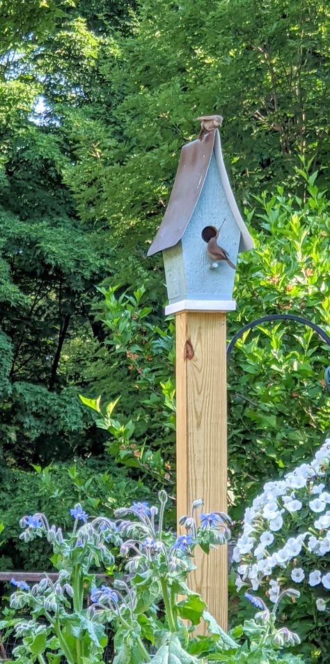 Birdhouse Yard Ideas, Birdhouse In Garden, Painted Bluebird Houses, Diy Bluebird House, Bird House Pole Ideas, Blue Bird Houses Diy, Tall Bird Houses, Birdhouses In The Garden, House With Tin Roof