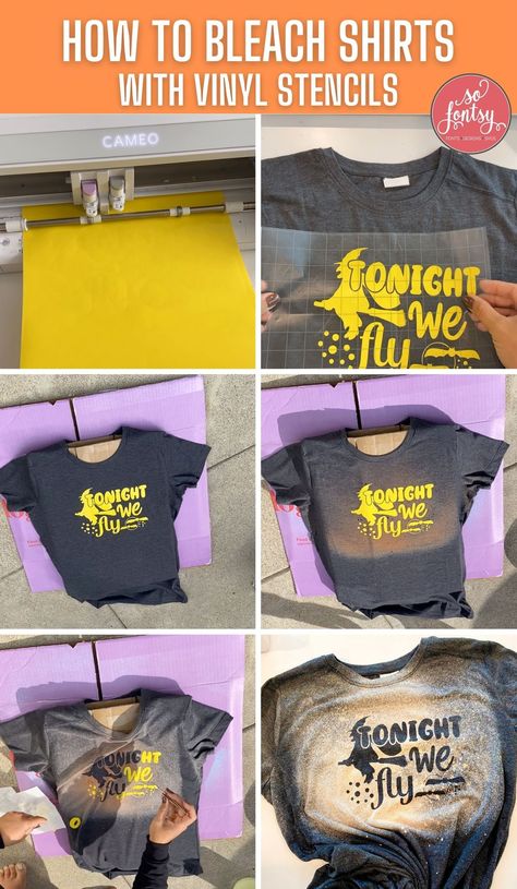 How To Make A Bleached Shirt With Vinyl, Cricut Bleach Shirt Diy, Bleach Shirts With Vinyl, Bleaching Shirts With Stencils, Bleach Shirt With Stencil, How To Bleach Spray Shirt Diy, How To Do Bleach Shirts, How To Make Printed Shirts, Bleach Tie Dye Halloween Shirts