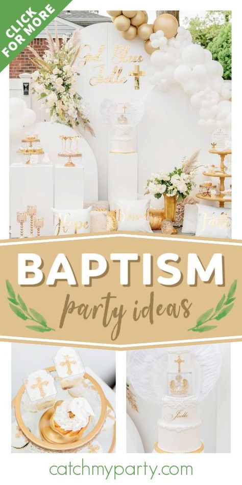 Don't miss this gorgeous angel-themed baptism! The donuts are amazing! See more party ideas and share yours at CatchMyParty.com Baptismal Souvenir, Baptism Party Decorations, Angel Heaven, Angel Theme, Holiday Soiree, Christening Party, Rustic Party, Baby Blessing, Birthday Party Activities