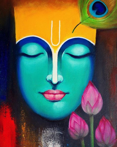 Krishna Simple Painting, Positive Painting Ideas, Geometric Face Painting, Krishna Oil Pastels Drawing, Basic Canvas Painting, Krishna Face Painting, Basic Canvas Painting Ideas, Krishna Painting Abstract, Krishna Painting Ideas