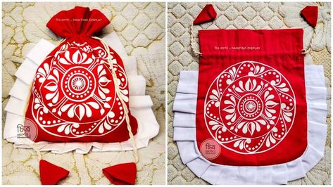 Hand Painted Potli Bags, Bangladeshi Artwork, Bengali Bride Look, Kolka Art, Embroidery Clips, Alpona Art, Fabric Bag Design, Aipan Art, Punjabi Design