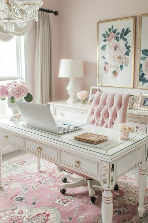 Pink Craft Room Ideas Home Office, Pink Home Library, Home Office Shabby Chic, Pink Studio Apartment, Mauve Office, Girly Office Desk, Modern Chic Office, Pink Craft Room, Pink Office Aesthetic