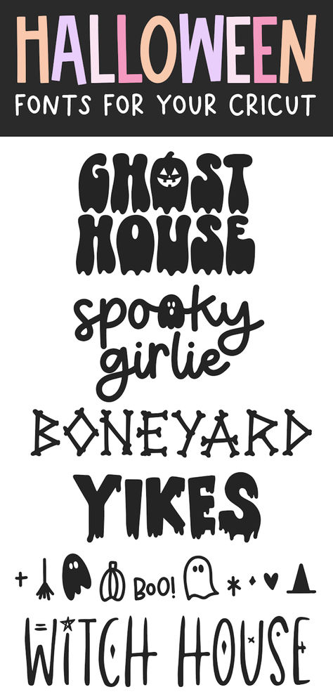 Cute and spooky halloween fonts for cricut, canva, vinyl, stickers, goodnotes, teachers, quotes, mugs, shirts, lasers and more!  #halloweenfonts #halloween #cricutfonts #canvafonts #kafonts #spookyseason #spookyfonts #laserfonts Halloween Cricut Crafts, Halloween Cricut Projects, Free Spooky Fonts, Popular Cricut, Halloween Fonts Alphabet, Spooky Letters, Scary Font, Halloween Typography, Spooky Font