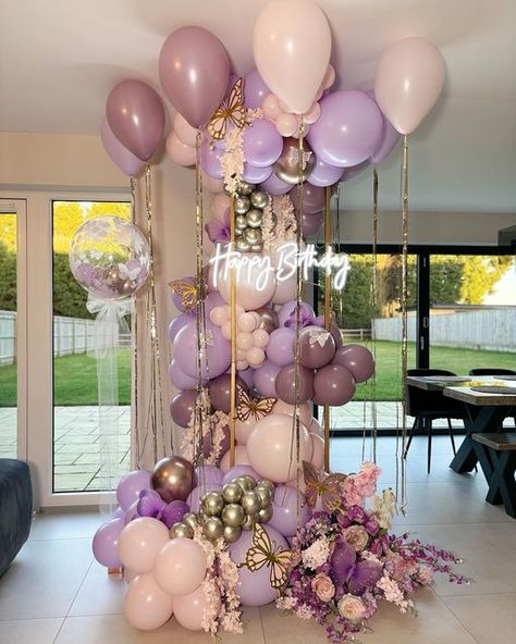 Balloons & Event Decor! on Instagram: "✨💜Bella’s 7th Birthday 💜✨ The prettiest display for gorgeous Bella’s 7th birthday! Perfect backdrop for pretty pictures without taking up too much space 🙌💜 . . . . . . . #butterflyparty #purpleballoons #balloondecor #balloonideas #birthdayballoons #girlyballoons #prettyballoons #balloondecoration #balloongoals" Butterfly Balloon Garland Backdrop, Cherry Blossom Balloon Decor, Purple Butterfly Balloon Garland, Bubble Balloon Strands, Pink And Purple Butterfly Balloon Garland, Pretty Balloons, Purple Balloons, Butterfly Party, January 10