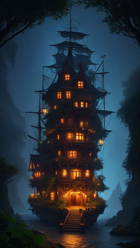 Big Pirate Ship, Pirate Hideout Concept Art, Dnd Pirate Ship, Pirate Ship House, Pirate Ship Concept Art, Flying Pirate Ship, Small Pirate Ship, Fantasy Pirate Ship, Dnd Ship