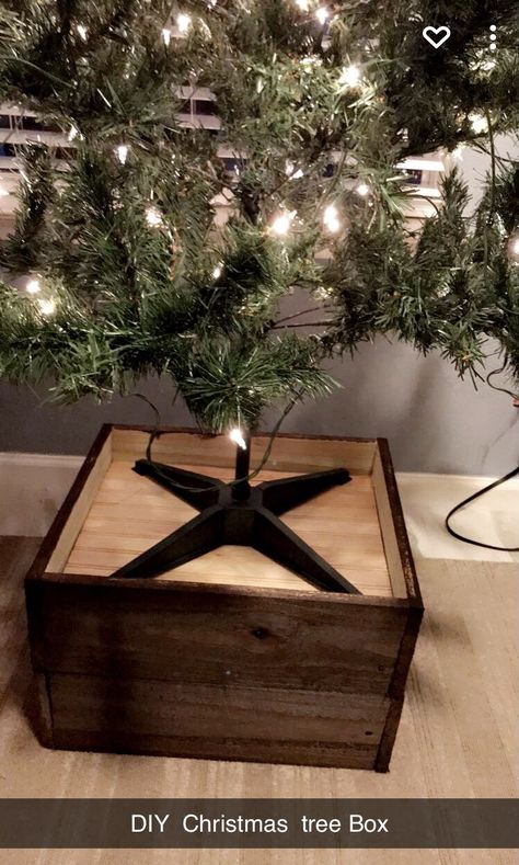 Christmas Tree Box Stand Diy Pallet, Box Christmas Tree Stand, Diy Tree Box Stand, Christmas Tree Pedestal, Platform For Christmas Tree, Wood Christmas Tree Stand, Christmas Tree Platform Ideas, Christmas Tree Riser Diy, Christmas Tree Box Diy